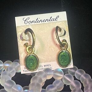Vintage Continental Gold-Tone Surgical Steel Backed Green Cameo Drop Earrings
